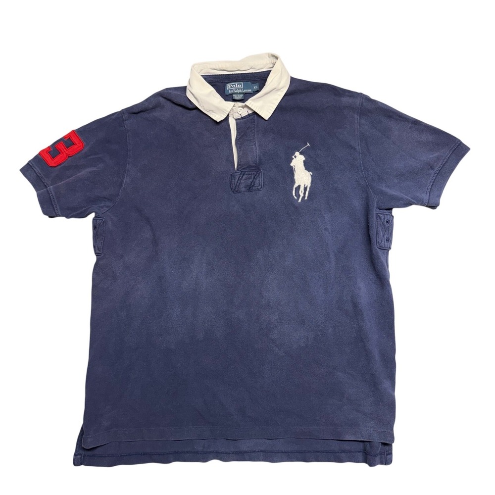 Polo Ralph Lauren XL Blue Rugby Shirt Big Pony 3 Patch Contrast Collar